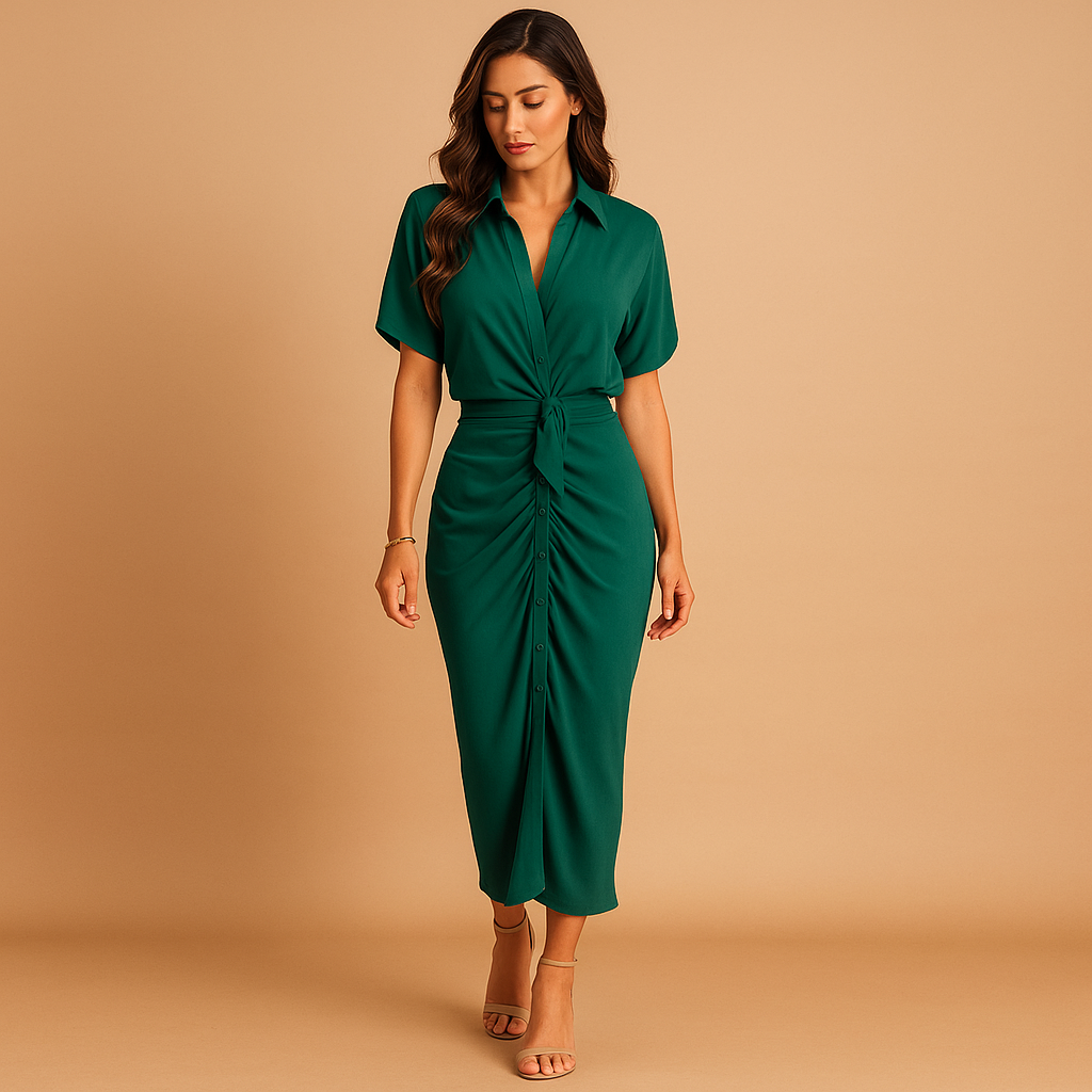 Ankle-length dress with draped V-neck for women – Refined and graceful