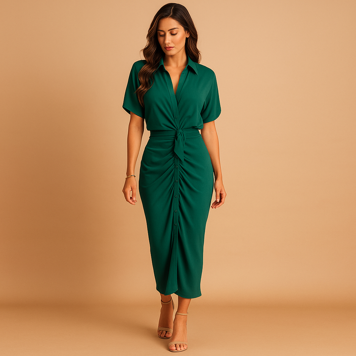 Ankle-length dress with draped V-neck for women – Refined and graceful