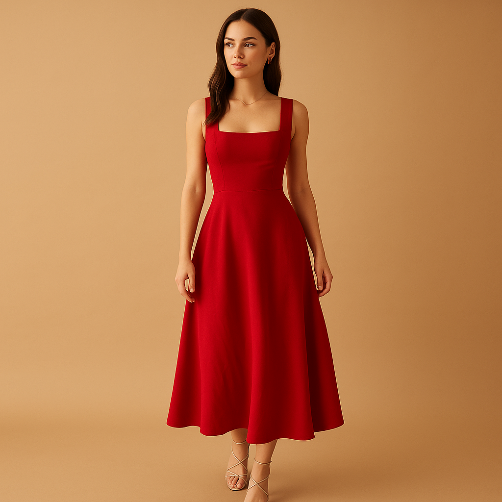 Midi dress with square neckline and waist tie for women – Structured and versatile