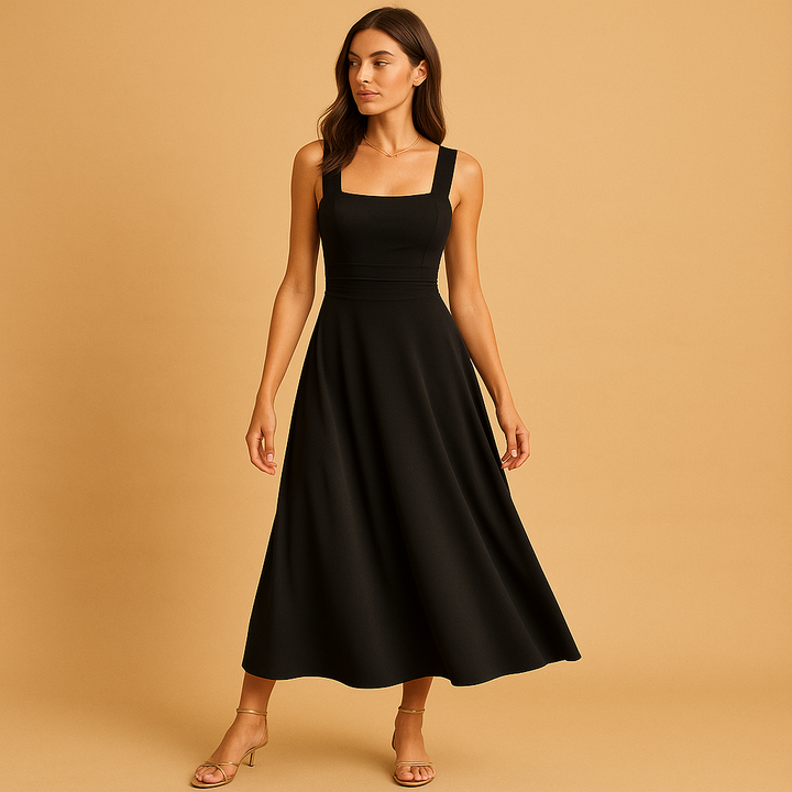 Midi dress with square neckline and waist tie for women – Structured and versatile