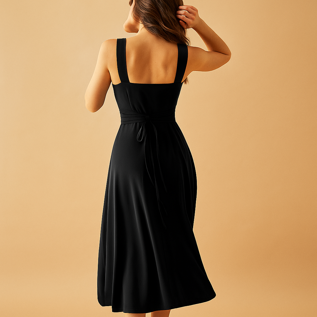 Midi dress with square neckline and waist tie for women – Structured and versatile