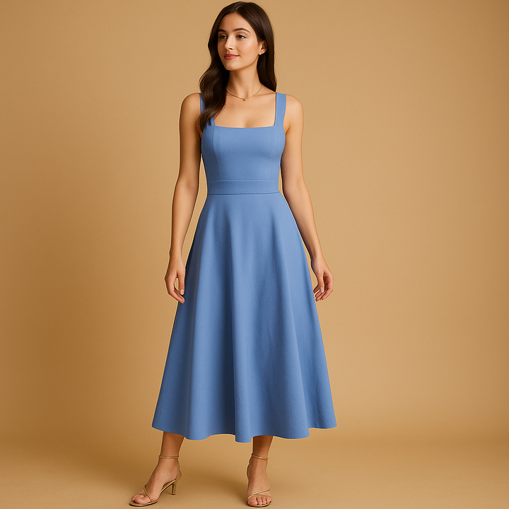 Midi dress with square neckline and waist tie for women – Structured and versatile